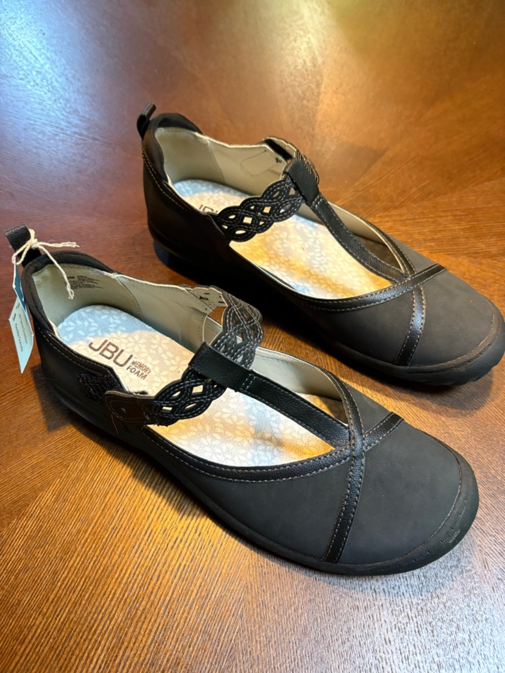 JAMBU Women's Black Braided T-Strap Comfort Flats
